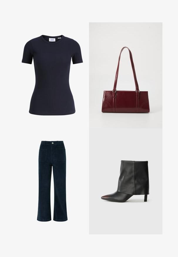 Marineblauw geribd nauwsluitend T-shirt met korte mouwen, ronde hals en JJXX merklabel aan de binnenzijde van de kraag.; Navyblauwe corduroy broek met hoge taille, wijde pijpen, twee achterzakken en een sluiting met knoop aan de voorkant. Zachte textuur met een gladde afwerking.; Zwarte enkellaars van glad leer met een puntige neus en een taps toelopende hak. Het bovenwerk heeft een licht geplooid ontwerp.; Bourgondische handtas van glanzend materiaal, rechthoekige vorm, met twee schouderbanden en subtiele gebogen accenten aan de voorkant.