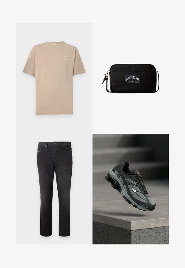 Beiges Baumwoll-T-Shirt mit Rundhalsausschnitt, kurzen Ärmeln und dezentem, gedrucktem Branding auf der linken oberen Brust. Glatte Textur, minimalistisches Design.; Schwarze Denim-Jeans mit geradem Bein, ausgestattet mit fünf Taschen, einem Knopfverschluss und subtilen Nähdetails auf der Vorderseite.; Grauer und schwarzer Sportschuh mit Netzpaneelen und dicker Sohle, schwebend in der Luft über einer Betonmauer mit Treppen im Hintergrund.; Schwarze rechteckige Umhängetasche mit weißem "Calvin Klein New York City" Logoschild und verstellbarem Riemen mit Metallclip.