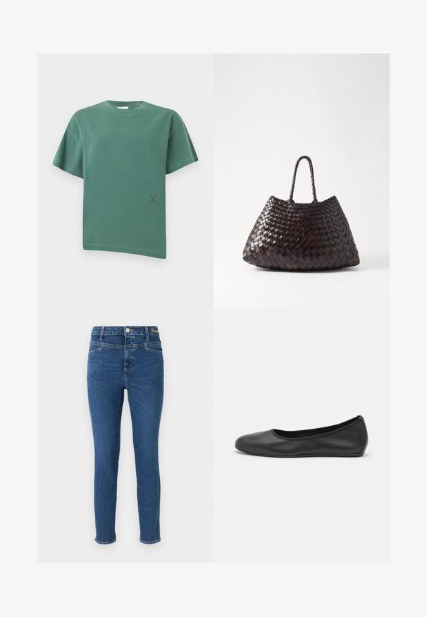 Grøn, kortærmet t-shirt lavet af bomuld. Har en afslappet pasform med en let asymmetrisk kant og subtil "CLOSED" brodering på siden.; Slank jeans i mørkeblå denim med fem lommer, knaplukning og kontrastsyninger. Glat tekstur med minimal falmning.; Sort læderballetsko med rund tå, glat tekstur, minimal syning og et fleksibelt såldesign.; DRAGON DIFFUSION SANTA CROCE BIG - Håndtasker - dark brown