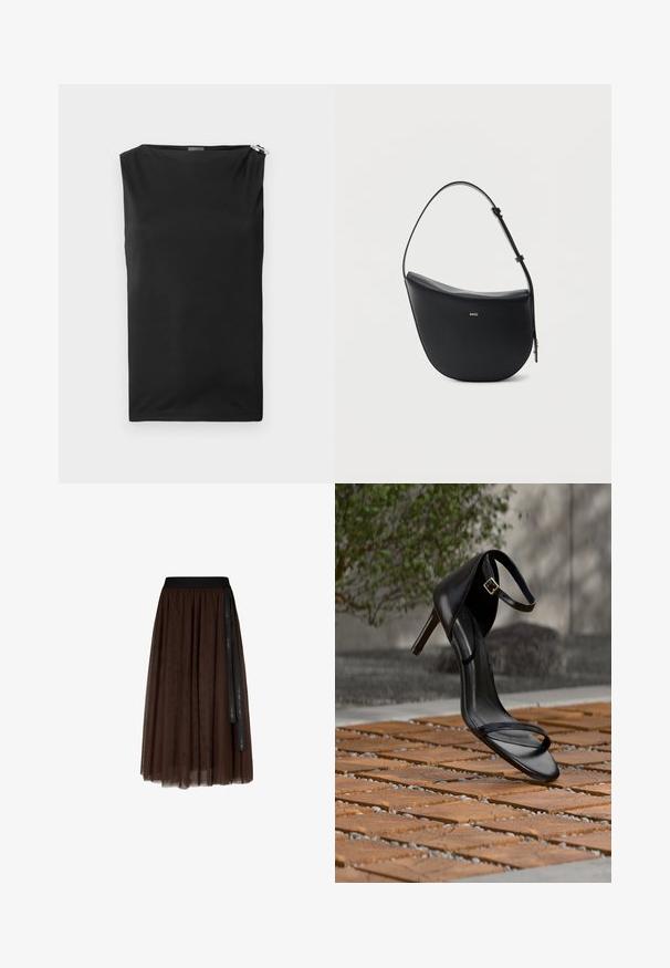 Sort ærmeløs top med en afslappet pasform, lavet af glat stof. Har en diskret lynlåsdetaillering på skulderen. Enkel og moderne design.; Brun midi-længde tylskørt med sort elastisk talje og lang sort bånddetalje hængende på den ene side.; Sort højhælet sandal med ankelsnor, der ser ud til at svæve over et trægulv udendørs med sløret grønt og sten i baggrunden.; Sort halv-måne skuldertaske i læder med justerbar rem og guld "BOSS"-logo centreret foran.