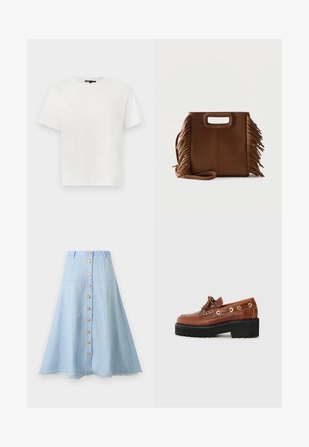 T-shirt blanc à manches courtes et col rond avec un petit logo de cœur en relief sur le côté gauche de la poitrine et une étiquette noire au niveau du col.; Jupe trapèze bleu clair avec boutons dorés sur le devant, ceinture assortie, tissu texturé et ourlet effiloché.; Chaussure en cuir brun avec un bout arrondi, des coutures décoratives, des éléments en métal et une semelle noire épaisse avec une texture anti-dérapante.; Sac à main en cuir marron avec poignées découpées rectangulaires, longue bandoulière et détails à franges des deux côtés sur un fond uni.