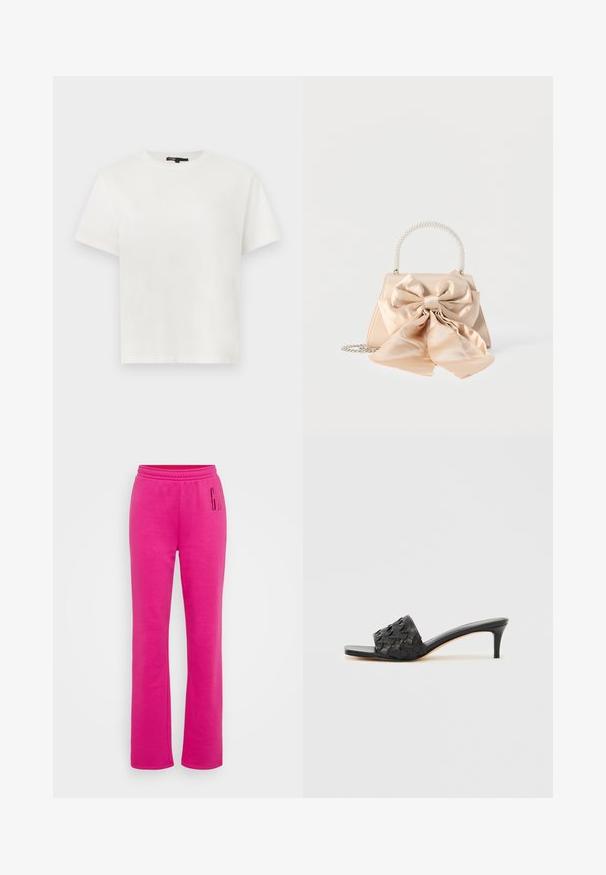 Camiseta blanca de manga corta con cuello redondo, con un pequeño logo de corazón en relieve en el lado izquierdo del pecho y una etiqueta negra en el cuello.; Pantalones de chándal rosas con cintura elástica, corte recto y gran logotipo impreso de "G" en el muslo izquierdo. Tejido de mezcla de algodón suave.; Sandalias de tacón negras con textura tejida en la parte superior, diseño de puntera abierta y tacón alto y delgado. Cuenta con una plantilla de cuero suave.; Bolso de satén beige con un gran lazo decorativo a juego, asa con cuentas de perlas y correa de cadena plateada sobre fondo blanco.