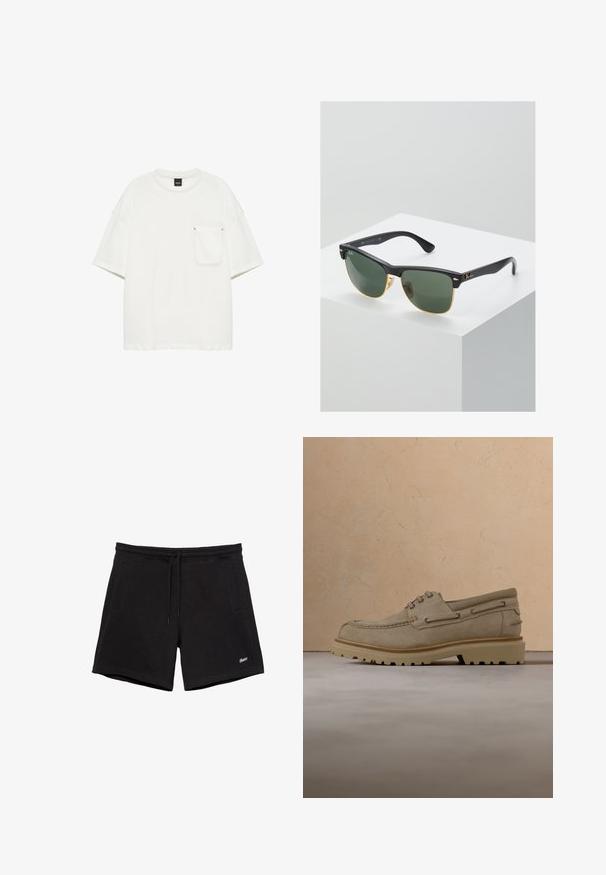 T-shirt blanc uni à manches courtes, col rond et une seule poche sur le côté gauche de la poitrine sur fond blanc.; Shorts noirs décontractés avec une ceinture élastique, un cordon de serrage, deux poches latérales et un petit logo blanc brodé sur la jambe gauche.; Chaussure décontractée beige en daim à lacets avec une semelle épaisse et rainurée, présentée en suspension au-dessus d'une surface texturée beige assortie et d'un arrière-plan.; Lunettes de soleil Ray-Ban avec des verres verts, monture en plastique noir et accents dorés sur les bords. Forme carrée avec une finition mate.