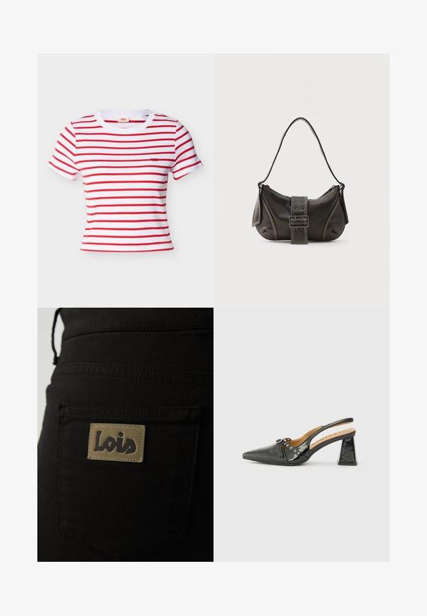 Wit cropped T-shirt met horizontale rode strepen, korte mouwen, ronde hals en klein rood logo op de linkerborst tegen een witte achtergrond.; Zwarte stoffen broek met een achterzak voorzien van een tan label met het logo "Lois" in donkere letters. Stitchingdetails zichtbaar.; Zwarte lakleren slingback schoen met een puntige neus, driehoekige hak en decoratieve band met zilveren accenten. Soepele textuur.; Zwarte leren schoudertas met gespsluiting aan de riem, afgeronde hoeken en contrasterende witte stiksels op een effen achtergrond.