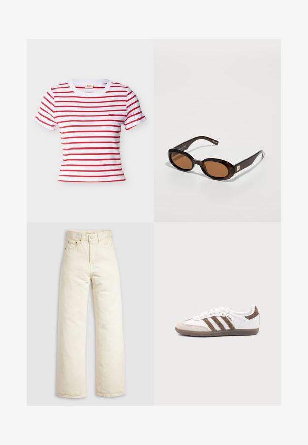 Hvid cropped t-shirt med horisontale røde striber, korte ærmer, rund hals og lille rødt logo på venstre bryst mod hvid baggrund.; Vidbenede jeans i offwhite denim med høj talje, kobbernitter og klassisk design med fem lommer. Struktureret stof med rene kanter.; Hvid Adidas Samba sneaker med brune ruskindstriber, brun gummisål og beige ruskindståhætte, vist fra ydersiden på en ensfarvet baggrund.; Brune skildpadde-solbriller med ovale linser, der har en tynd stel og en lille metalaccent på siden. Struktureret og poleret overflade.