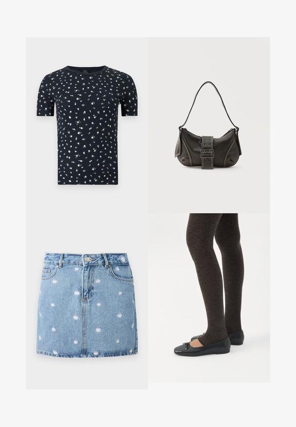 Marineblå T-shirt med korte ærmer, lille hvidt blomsterprint og rund halsudskæring på ensfarvet baggrund.; Lys blå denimskørt med hvide broderede blomsterdesigns, fem lommer og knaplukning foran, med en lige, mini-længde.; Ben iført mørke ribbede leggings kombineret med sorte balletsko med små sløjfedetaljer på hvid baggrund.; Sort læder skuldertaske med spænde på remmen, afrundede kanter og kontrasterende hvide syninger på en ensfarvet baggrund.