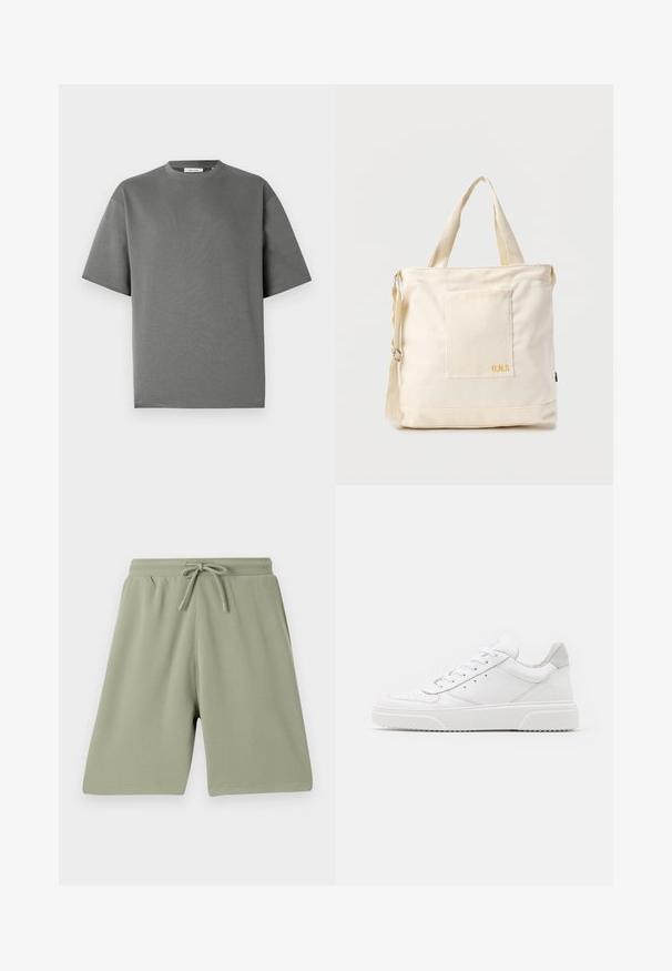 Camiseta gris de manga corta hecha de algodón suave, con un escote redondo y un corte relajado, con detalles de costura mínimos.; Pantalones cortos verde claro hechos de una tela texturizada con cintura elástica y cordón. Corte recto y diseño hasta la rodilla.; Zapatillas de cuero blanca con un acabado suave, punta redondeada, cordones planos y una suela texturada. Acento de ante gris en el talón.; Bolsa tote de lona color crema con bolsillo delantero, dos asas, correa de hombro ajustable y pequeño texto amarillo "O.N.S" en la parte inferior derecha del bolsillo.