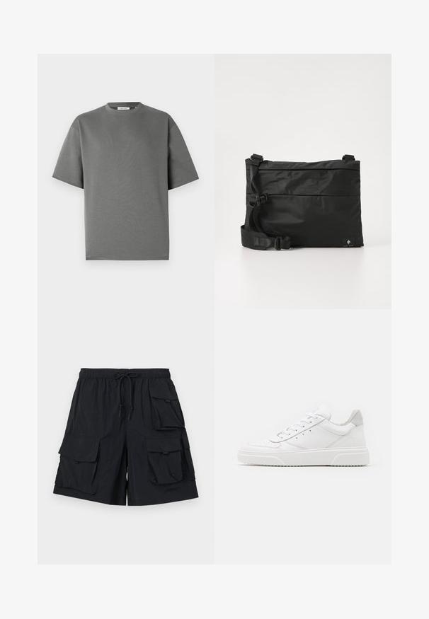 Graues T-Shirt mit kurzen Ärmeln aus weicher Baumwolle, mit rundem Halsausschnitt und entspanntem Schnitt, versehen mit minimalen Nähten.; Schwarze Cargo-Shorts aus leichtem Stoff, mit mehreren großen Taschen, einem elastischen Bund mit Kordelzug und einer glatten Textur.; Weiße Leder-Sneaker mit glatter Oberfläche, rundem Zehenbereich, flachen Schnürsenkeln und strukturiertem Schuhsohlen. Graues Wildleder-Detail an der Ferse.; Schwarze Nylon-Umhängetasche mit verstellbarem Riemen, flachem Design und seitlichem Etikett mit Logo. Glatte Textur und minimalistischer Stil.