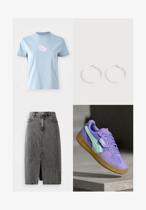 Camiseta de algodón de color azul claro con mangas cortas y un cuello alto, que presenta un pequeño diseño de concha bordado en rosa en la parte delantera.; Falda midi de mezclilla negra deslavada de talle alto, con abertura frontal, pasadores para cinturón y diseño clásico de cinco bolsillos.; Zapatillas de ante púrpura y malla con acentos en menta, diseño de cordones y suela de goma texturizada. Presenta la marca PUMA en el lateral.; Pareja de pendientes de aro plateados brillantes con cierres de alambre delgado, mostrados sobre un fondo gris claro.