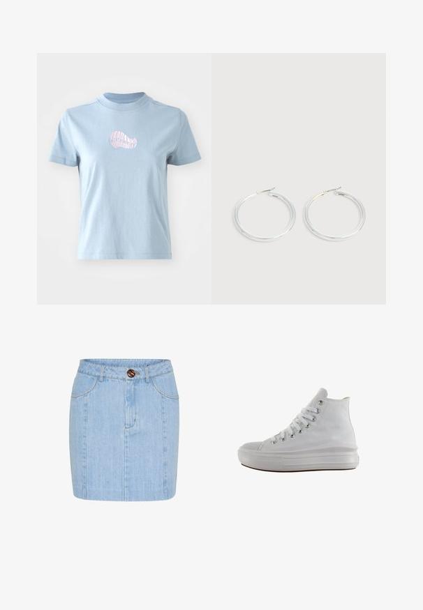 Lyseblå bomulds T-shirt med korte ærmer og høj halsudskæring, prydet med et lille pink broderet skaldesign på forsiden.; Lysblå denimnederdel med lige snit, synlige sømdetaljer og en brun knap i taljen. Længden er midt på låret.; Hvid højt canvas sneaksko med hvide snørebånd, metaløjer, tyk gummisål og tekstureret tåhætte, vendt mod venstre på en hvid baggrund.; Par skinnende sølvøreringe med tynde trådlåse, vist på en lys grå baggrund.
