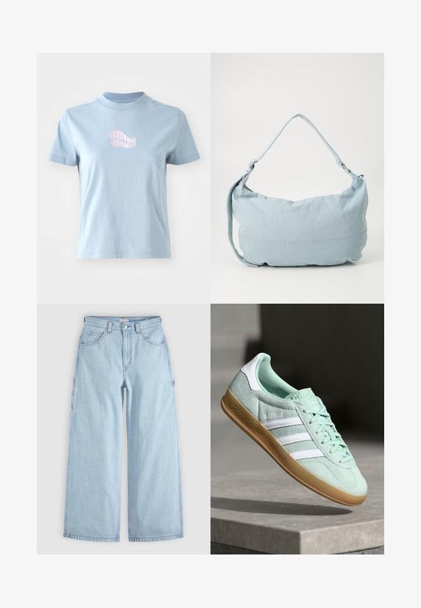 Lyseblå bomulds T-shirt med korte ærmer og høj halsudskæring, prydet med et lille pink broderet skaldesign på forsiden.; Lyseblå brede jeans med frontlommer, bæltestropper og sidelommer til værktøj, lagt fladt på en grå baggrund.; Adidas Gazelle sneakers i mintgrønt ruskind med hvide accenter, snørebåndslukning og en sål i gummigummi. Har tre hvide striber.; Lysblå denim skuldertaske i en rund form, justerbar rem og diskret syning langs den nederste kant. Blød tekstur.