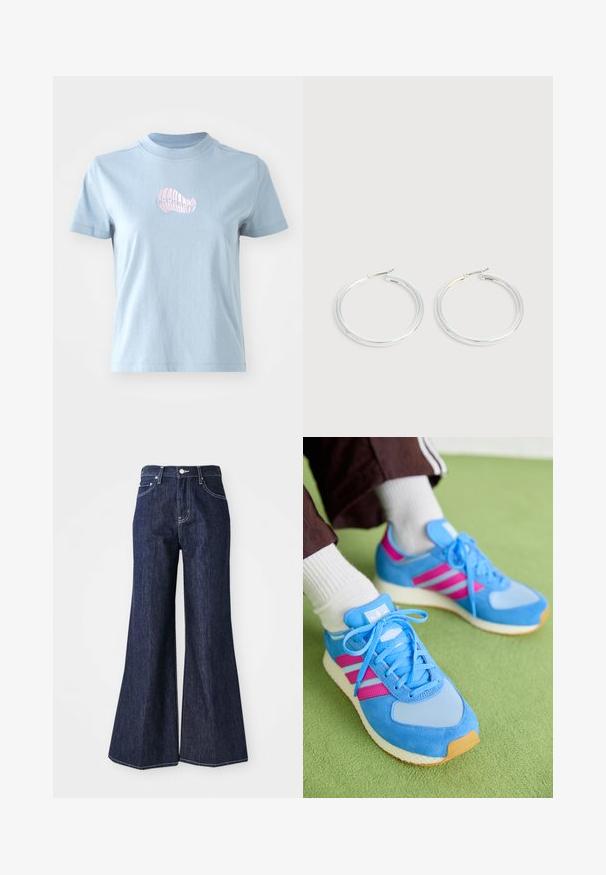 Lyseblå bomulds T-shirt med korte ærmer og høj halsudskæring, prydet med et lille pink broderet skaldesign på forsiden.; Mørke denim flared jeans med høj talje, der har knap- og lynlåslukning. Hvide syninger og brede ben skaber en struktureret silhuet.; Blå atletiske sko lavet af ruskind og mesh, med pink striber, rund tå og struktureret gummisål. Snørebåndene er lyseblå.; Par skinnende sølvøreringe med tynde trådlåse, vist på en lys grå baggrund.