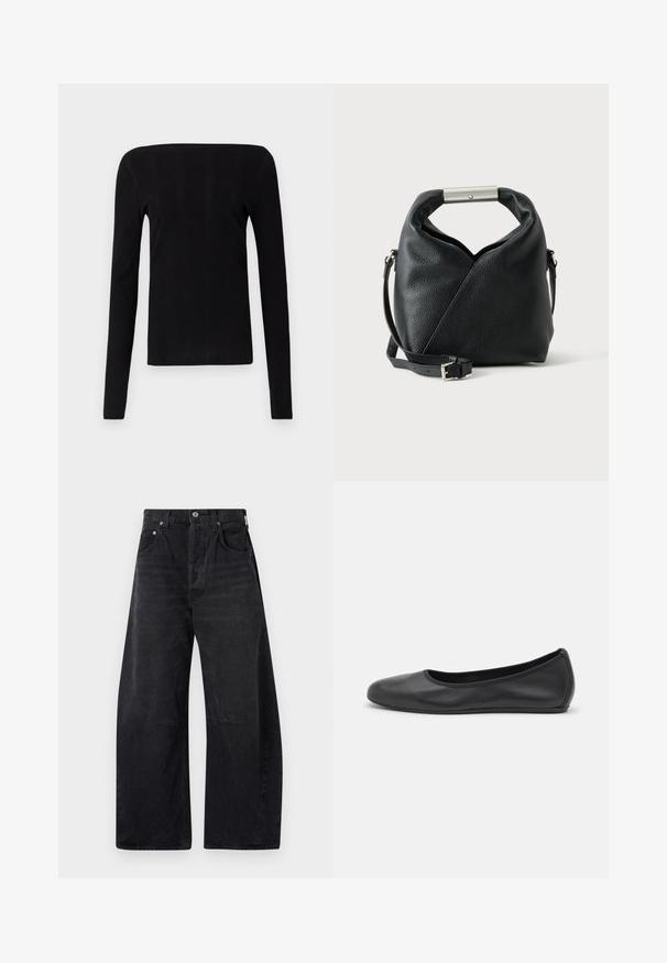 Sort langærmet top med en lige halsudskæring og ribbet tekstur, der har en tætsiddende silhuet og ingen synlig hardware eller dekorationer.; Citizens of Humanity HORSESHOE - Jeans Relaxed Fit - black; Sort læderballetsko med rund tå, glat tekstur, minimal syning og et fleksibelt såldesign.; Sort tekstureret læderhåndtaske med en rullet top-håndtag med en metalstang og en justerbar skulderrem med spænde.