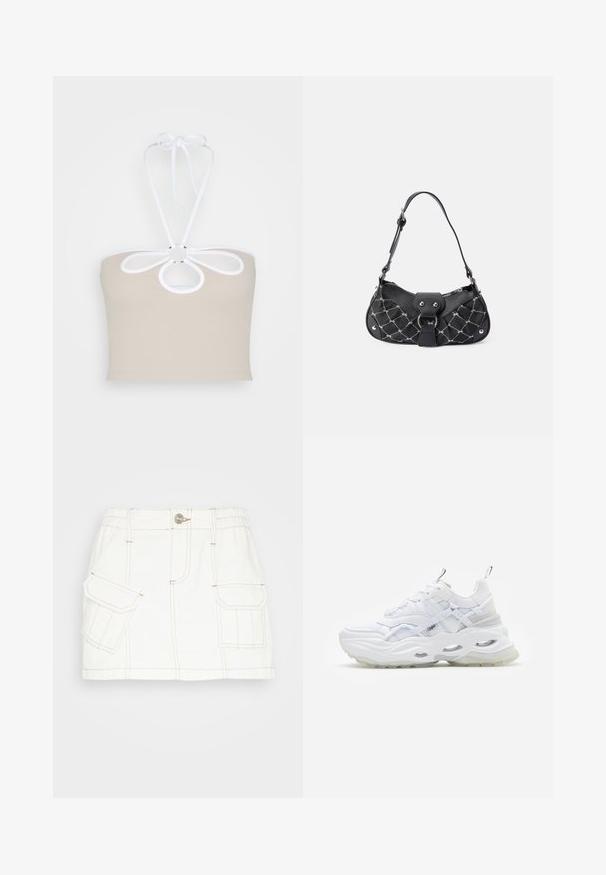 Even&Odd Top - taupe; BDG Urban Outfitters SKIRT - Jeansrok - white; Witte sneaker met een chunky zool, gelaagd mesh en synthetisch bovenwerk, voorzien van gemusterde accenten, vetersysteem en trekhaak.; Zwarte handtas met een gekruist textuur, voorzien van zilveren hardware, een gebogen vorm en een enkele verstelbare hengsel. Ritssluiting aan de bovenkant.