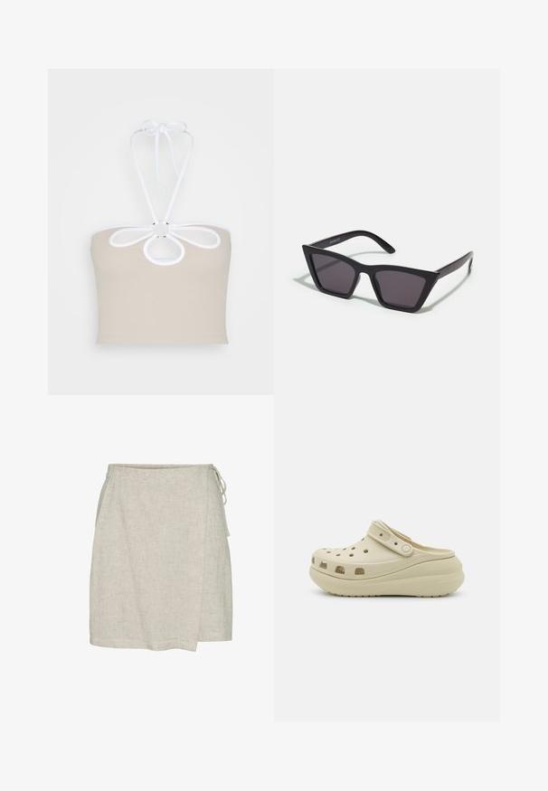 Even&Odd by Zalando Μπλούζα - taupe; Ανοιχτό μπεζ λινό φούστα περιτυλίγματος με υφή, διαθέτοντας κλείσιμο με κορδόνι στο πλάι και ευθεία στριφώση.; Μπεζ κλειστό παπούτσι τύπου τσόκαρο με διάτρητο επάνω μέρος, ρυθμιζόμενο λουράκι και παχιά μαλακή σόλα, σχεδιασμένο για καθημερινή άνεση.; Μαύρα, γωνιώδη γυαλιά ηλίου με γκρι φακούς; κατασκευασμένα από πλαστικό, με χοντρές βραχίονες με λεία επιφάνεια και χωρίς ορατό μηχανισμό.