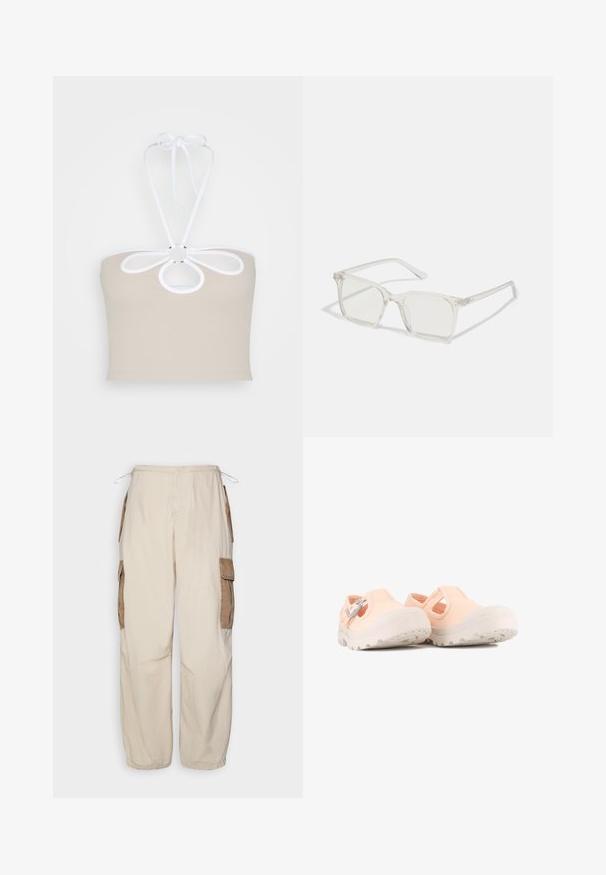 Even&Odd Μπλούζα - taupe; BDG Urban Outfitters CONTRAST - Παντελόνι cargo - beige; Ανοιχτό ροζ καμβά παπούτσια Mary Jane με χοντρές λευκές ελαστικές σόλες και ασημένιες αγκράφες, απεικονιζόμενα σε λευκό φόντο.; Διάφανα πλαστικά γυαλιά με τετράγωνους σκελετούς και διαφανείς φακούς, με χρυσές λεπτομέρειες στους βραχίονες για επιπλέον στυλ.