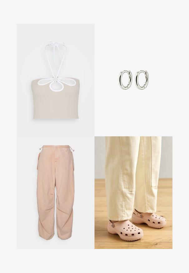 Even&Odd by Zalando Top - taupe; BDG Urban Outfitters BAGGY CARGO - Jeans Relaxed Fit - acid pink; Lyserøde trædestøvler lavet af gummi, med ventilationshullerne, en kontureret form og en struktureret sål for greb. Bæres med lyse beige bukser.; Sølv hoops øreringe med en glat, shiny finish. Rundet form med en sikker lukning. Minimalistisk design med en subtil twist-detalje.