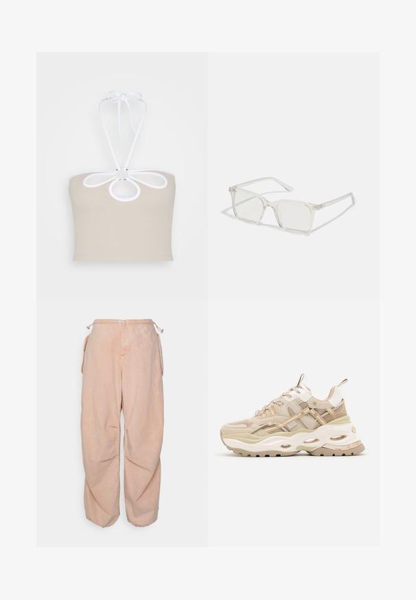 Even&Odd by Zalando Top - taupe; BDG Urban Outfitters BAGGY CARGO - Jeans Relaxed Fit - acid pink; Beige og hvide chunky sneakers med tyk sål, mesh- og læderpaneler, ovale udskæringer i mellemsålen, trækstropper på tunge og hæl.; Klare plastiske briller med firkantet ramme og gennemsigtige linser, der har guld accenter på tempelstængerne for ekstra detaljer.