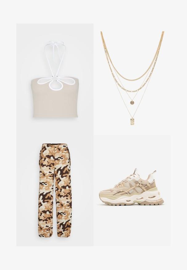 Even&Odd Top - taupe; Envii PANTS - Bukser - desert; Beige og hvide chunky sneakers med tyk sål, mesh- og læderpaneler, ovale udskæringer i mellemsålen, trækstropper på tunge og hæl.; Guld multi-lag kæde med forskellige kædestilarter, herunder chunky led og fine kæder, med cirkulære og rektangulære vedhæng.