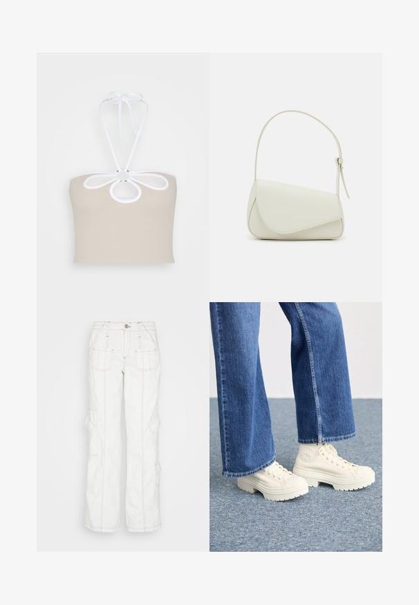 Even&Odd by Zalando Top - taupe; BDG Urban Outfitters Vaqueros boyfriend - white; Zapatillas deportivas blancas de caña alta con suelas gruesas y estriadas, y detalle de logo circular, combinadas con jeans de mezclilla de pierna ancha en azul claro.; Bolso de mano de imitación cuero blanco con una forma triangular estructurada, correa ajustable única y cierre con solapa acentuada en curva.
