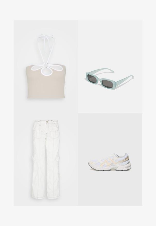 Even&Odd by Zalando Top - taupe; BDG Urban Outfitters Relaxed fit jeans - white; Witte sportschoen van mesh-materiaal, met lichtoranje en grijze accenten, een gestructureerde zool en een gevoerde kraag voor comfort.; Een paar rechthoekige zonnebrillen met lichtblauwe doorzichtige monturen en donkergrijze glazen, met rechte pootjes en minimale hardwaredetails.