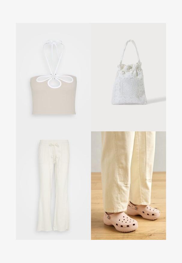 Even&Odd by Zalando Top - taupe; Leinenmischung, cremefarbene Hose mit einem ausgestellten Design. Verfügt über einen elastischen Bund, eine Kordelzugbindung und zwei Vordertaschen.; Helle rosa Clogs aus Gummi, mit Belüftungslöchern, einer konturierten Form und einer strukturierten Sohle für Halt. Getragen mit hellbeigen Hosen.; Weiße Stofftasche mit Spitzenblumenstickerei und einem gerafften oberen Griff, gezeigt vor einem schlichten hellen Hintergrund.