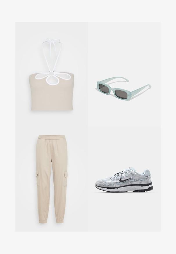 Even&Odd by Zalando Topp - taupe; Beezid cargo püksid elastse vöökohtaga, kitseneva säärega ja küljetaskutega. Silindriline kangastekstuuri ja mugava lõikega. Minimalistlik disain.; Nike P-6000 tenniset heleda halli võrgust pealteega, mustade aktsentidega ja vastupidava musta kummist tallaga. Omab keerukat disaini ja paeltesüsteemi.; Kaks ümmargust päikeseprilli, millel on helesinised poolläbipaistvad raamid ja tumehallid objektiivid, sirged tempud ja minimaalsete detailidega riistvara.