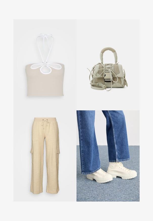 Even&Odd Top - taupe; Pantalones cargo de pierna ancha en beige con un tejido texturizado, cintura con cordón, dos bolsillos delanteros y un bolsillo lateral, con un corte relajado.; Zapatillas deportivas blancas de caña alta con suelas gruesas y estriadas, y detalle de logo circular, combinadas con jeans de mezclilla de pierna ancha en azul claro.; Bolso de mano beige con un diseño de malla texturizada, forma estructurada, con un asa superior y una correa desmontable; cuenta con detalles de cordones y acentos metálicos.