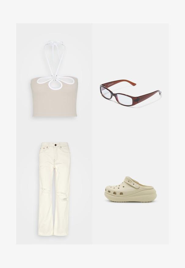 Even&Odd by Zalando Μπλούζα - taupe; BDG Urban Outfitters STRAIGHT - Straight leg jeans - ecru; Μπεζ κλειστό παπούτσι τύπου τσόκαρο με διάτρητο επάνω μέρος, ρυθμιζόμενο λουράκι και παχιά μαλακή σόλα, σχεδιασμένο για καθημερινή άνεση.; Καφέ σκελετός γυαλιών σε ορθογώνιο σχήμα με γυαλιστερή φινίρισμα, διαθέτει λεπτά μπράτσα και διαφανείς φακούς. Το λογότυπο είναι ορατό στο αριστερό τιράντα.