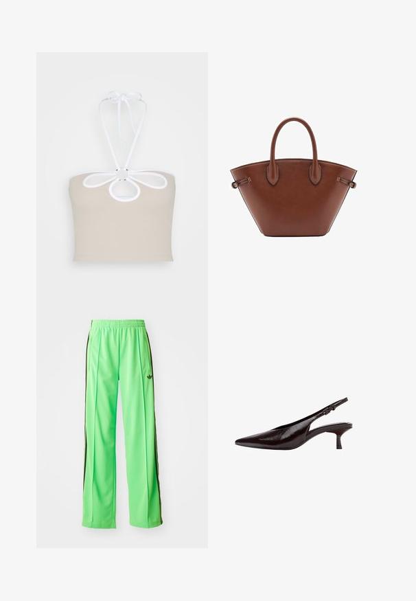Even&Odd Top - taupe; Grønne atletiske bukser lavet af glat, let materiale, med sorte sidestriber og et broderet logo på fronten.; Mørkebrun læderslingback med spids snude, lav kittenhæl og justerbar spænde.; Brun lædertaske med en unik trekantet form, dobbelte håndtag og kontrastfuld syning langs den øverste kant og sømmene.
