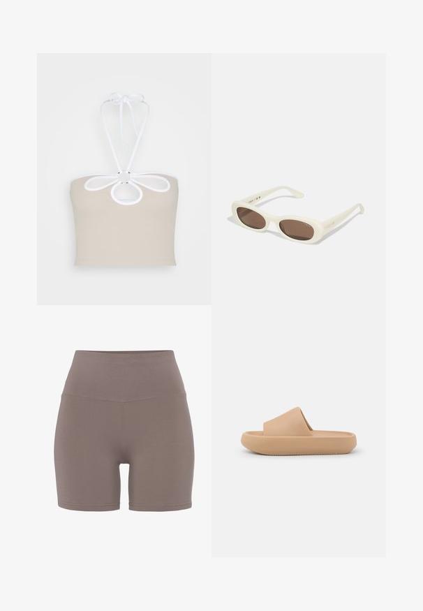 Even&Odd by Zalando Top - taupe; Pantalones cortos de cintura alta en un color topo suave, confeccionados en una tela elástica y suave. Presentan un diseño sin costuras y una silueta ajustada.; Sandalia deslizante marrón con una tira gruesa y texturizada y una suela redondeada. Presenta un acabado suave y una parte inferior con tacos para mayor agarre.; Gafas de sol color crema con lentes en forma ovalada, tintados en marrón, que presentan un acabado brillante y un discreto logo de "Vogue" en el lateral.