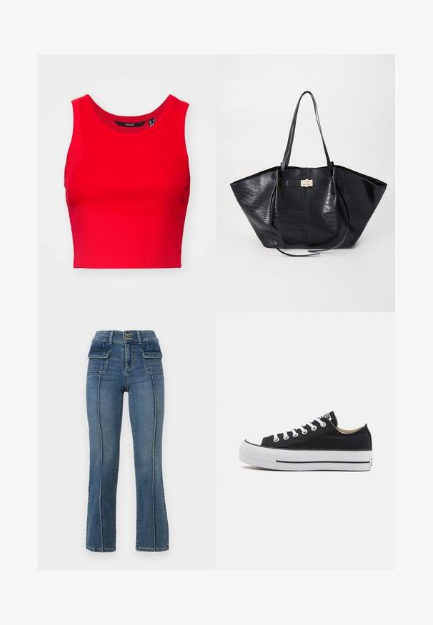 Rotes verkürztes Tanktop aus geripptem Stoff, mit Rundhalsausschnitt und breiten Schulterträgern, mit glatter Oberfläche.; ONLY Petite ONLWAUW MID WAIST FLARED - Flared Jeans - medium blue denim; Niedriger schwarzer Canvas-Sneaker mit weißer Gummisohle, weißen Schnürsenkeln und schwarzem Streifendetail entlang der Sohle, von der Seite gesehen.; Schwarze Tragetasche mit Krokodilprägung, glatter Textur, doppelten Schultergriffen und einem zentralen goldfarbenen Hardware-Detail.
