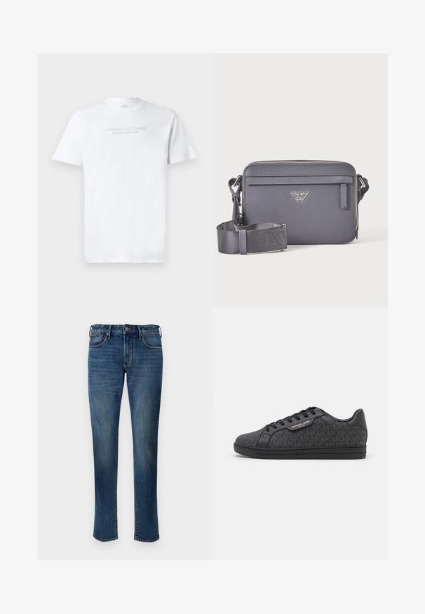 Witte katoenen t-shirt met een ronde hals, korte mouwen en een reliëflogo "ARMANI EXCHANGE MILANO/NEW YORK" op de voorkant.; Denim jeans in een gemiddelde blauwe was. Heeft een recht gesneden ontwerp, vijf zakken, een ritsluiting aan de voorkant en contrasterende stiksels.; Zwarte sneakers met een textuur bovenwerk van stof met een subtiel MK-patroon, zwarte leren accenten en een zwarte rubberen zool.; Donkergrijze rechthoekige crossbodytas met verstelbare riem, voorvak met rits en zilveren logokembleem.