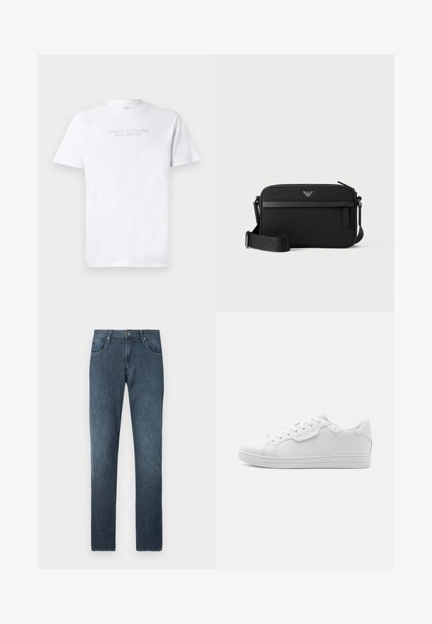 Witte katoenen t-shirt met een ronde hals, korte mouwen en een reliëflogo "ARMANI EXCHANGE MILANO/NEW YORK" op de voorkant.; Donkere blauwe spijkerbroek met een rechte pijp, vijf zakken, knoopsluiting aan de voorkant en subtiele stikseldetails.; Witte leren sneaker met een ronde neus, zes oogjes, platte veters en een minimalistisch ontwerp. Bevat een klein logo aan de zijkant.; Zwarte rechthoekige crossbodytas met voorvak met rits, verstelbare schouderriem en klein metalen logo bovenaan in het midden.