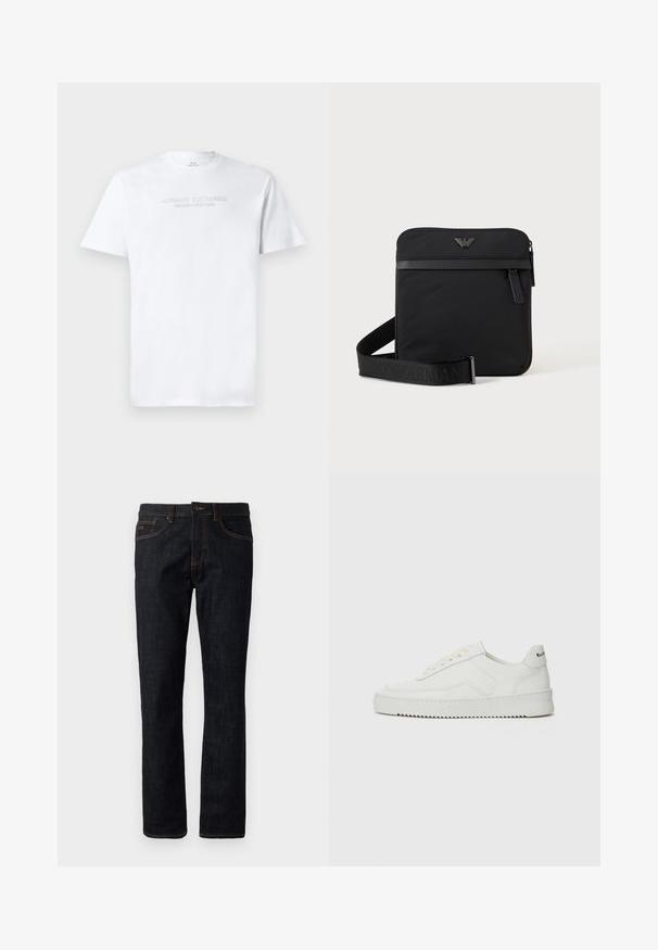 Witte katoenen t-shirt met een ronde hals, korte mouwen en een reliëflogo "ARMANI EXCHANGE MILANO/NEW YORK" op de voorkant.; Donkerblauwe slim-fit jeans met oranje stiksels, knoopsluiting en vijf-pocketdesign, plat weergegeven tegen een witte achtergrond.; Witte leren sneaker met een gladde afwerking, ronde neus, platte veters en een gestructureerde zool. Kenmerkt zich door een subtiel logo op de hiel.; Zwarte vierkante schoudertas met ritssluiting, voorvak en verstelbare band met geperste merknaam.