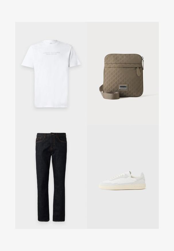 Hvid bomulds T-shirt med rund halsudskæring, korte ærmer og prægede "ARMANI EXCHANGE MILANO/NEW YORK" logo på fronten.; Mørkeblå slim-fit jeans med orange syninger, knaplukning og femlomme-design, præsenteret fladt mod en hvid baggrund.; Hvid sneakers med en øvre del i tekstureret ruskind og læder. Har rundet tå, snørelukning og kontrasterende beige gummisål.; Beige crossbody-taske med justerbar rem, front-lynlåslomme og præget geometrisk mønster, med lille metal logo-plade.