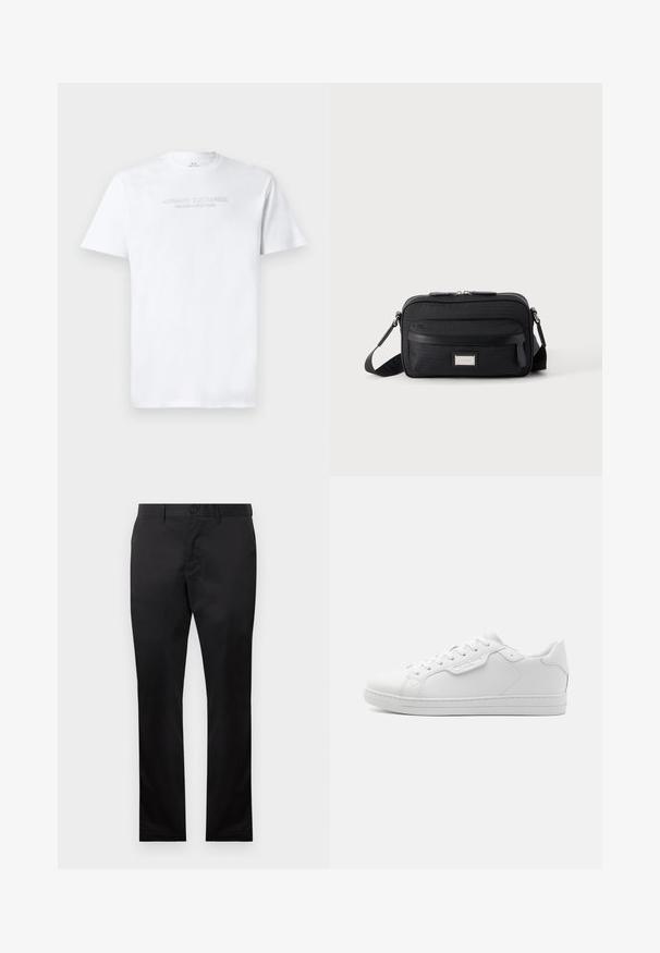 Valge puuvillane T-särk, millel on ümmargune kaelus, lühikesed varrukad ning esiküljel reljeefne "ARMANI EXCHANGE MILANO/NEW YORK" logo.; Mustad puuvillased püksid sirge jala disainiga, millel on ees nööp sulgemine ja küljetaskud, sile tekstuur, nähtavad mustrid puuduvad.; Valge nahast tennisekas, millel on ümar toe, kuus silmust, lamedad paelad ja minimalistik disain. Küljel on väike logo.; Must ristmik ülakehaga kandekott ees oleva tõmblukuga tasku, reguleeritava rihma ja hõbedase ristküliku kujuga logoplaadiga ühevärvilisel taustal.