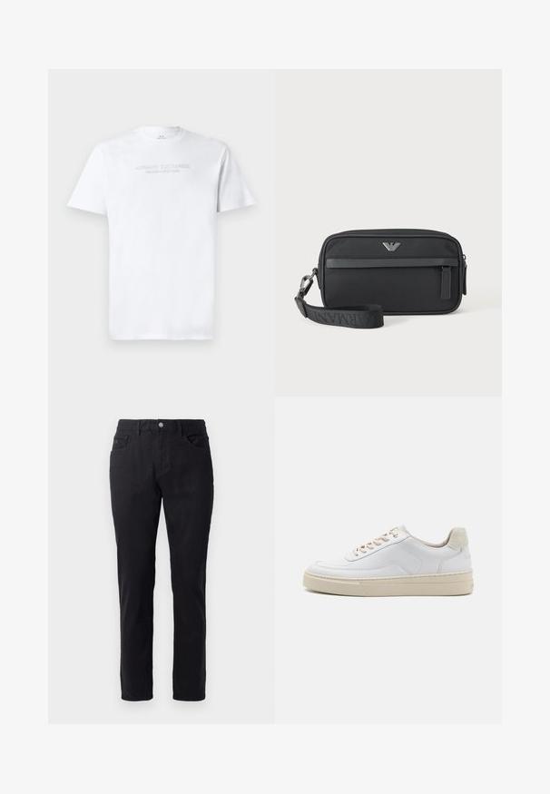 Biela bavlnená tričko s okrúhlym výstrihom, krátkymi rukávmi a embosovaným logom "ARMANI EXCHANGE MILANO/NEW YORK" na prednej strane.; Čierne bavlnené nohavice s rovnými nohavicami, vybavené gombíkovým zapínaním, dvoma prednými vreckami a hladkou textúrou.; Biele tenisky s hladkým koženým zvrškom, béžovými šnúrkami a textúrovaným béžovým semišovým pätovým panelom. Zvýšená podrážka pre väčšiu výšku.; Čierna obdĺžniková taška na zápästie s predným vreckom na zips, strieborným logom a odnímateľným popruhom s označeným textom.