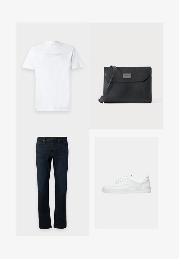 Biela bavlnená tričko s okrúhlym výstrihom, krátkymi rukávmi a embosovaným logom "ARMANI EXCHANGE MILANO/NEW YORK" na prednej strane.; Tmavomodré džínsy s rovnými nohavicami, s klasickým dizajnom piatich vreciek a jemnými detailmi šitia.; Biela nízka teniska so šnurovacím dizajnom, hladkým koženým zvrškom a hrubou podrážkou, zobrazená z bočného pohľadu na jednoduchom pozadí.; Čierna textúrovaná kožená crossbody taška s nastaviteľným popruhom a prednou kovovou logovou platničkou, obdĺžnikové uzatváranie v štýle obálky.