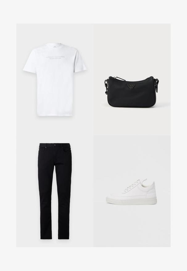 Hvid bomulds T-shirt med rund halsudskæring, korte ærmer og prægede "ARMANI EXCHANGE MILANO/NEW YORK" logo på fronten.; Emporio Armani POCKETS PANT - Jeans Slim Fit - black denim; Hvid lædersneaker med rundet tå, flad sål og snørebånd foran. Har syningsdetaljer og polstret krave for komfort.; Sort skuldertaske med lynlås, justerbar rem og metallisk logoemblem placeret centralt på forsiden.