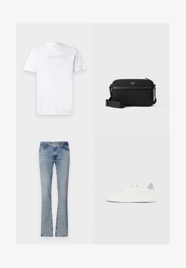 Weißes Baumwoll-T-Shirt mit Rundhalsausschnitt, kurzen Ärmeln und geprägt "ARMANI EXCHANGE MILANO/NEW YORK" Logo auf der Vorderseite.; Hellblaue, ausgestellte Jeans aus Denim mit mittelhohem Bund, fünf Taschen und einem verblassten Finish, ausgestattet mit einem Reißverschluss und einem Metallknopfverschluss.; Weißer Sneaker mit niedrigem Schaft, grauem Fersenlaschen, weißen Schnürsenkeln und einer strukturierten Sohle, dargestellt vor einem schlichten hellen Hintergrund.; Schwarze rechteckige Umhängetasche mit vorderer Reißverschlusstasche, verstellbarem Schultergurt und kleinem Metalllogo oben in der Mitte.
