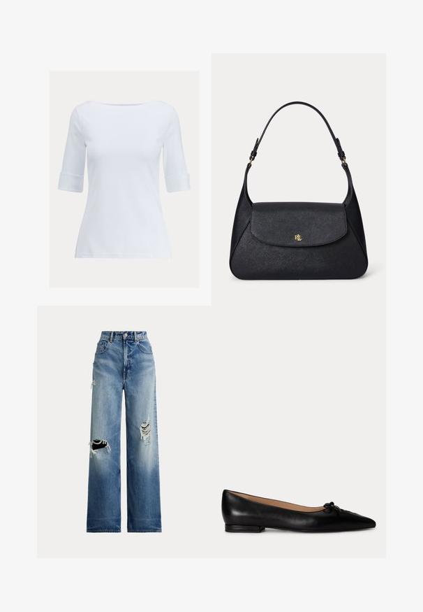 Weißes Baumwoll-T-Shirt mit weitem Ausschnitt, Dreiviertelärmeln und umgeschlagenen Säumen. Glatte Textur, taillierte Passform und keine sichtbaren Muster.; Weitbeinige blaue Jeans aus Denim mit aufgerissenen Knien, hoher Taille, Knopfverschluss und klassischem Fünf-Taschen-Design.; Schwarzer flacher Lederschuh mit spitzer Zehe und kleinem Schleifendetail oben, niedriger Absatz und beigem Innenfutter.; Schwarze, strukturierte Lederschultertasche mit einer geschwungenen Klappe und goldenem "RL"-Logo auf der Vorderseite, mit verstellbarem Riemen und goldener Hardware.