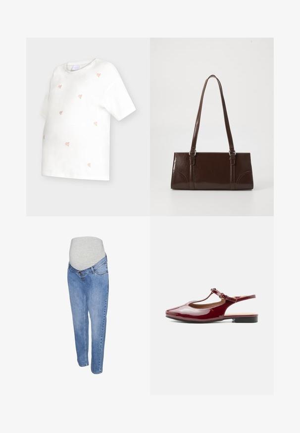Witte zwangerschaps top met korte mouwen en verspreide kleine roze rozenborduursels aan de voor- en achterkant.; Zwangerschapsjeans van lichtblauwe denimstof, met een rechte pasvorm en een grijze elastische buikband voor extra comfort.; Glanzende bordeauxrode lage hak T-band slingback schoen met puntige neus en verstelbare gesp op een effen witte achtergrond.; Bruine lakleren handtas met een rechthoekige vorm, twee lange handvatten en subtiele gebogen accenten aan de voorkant.