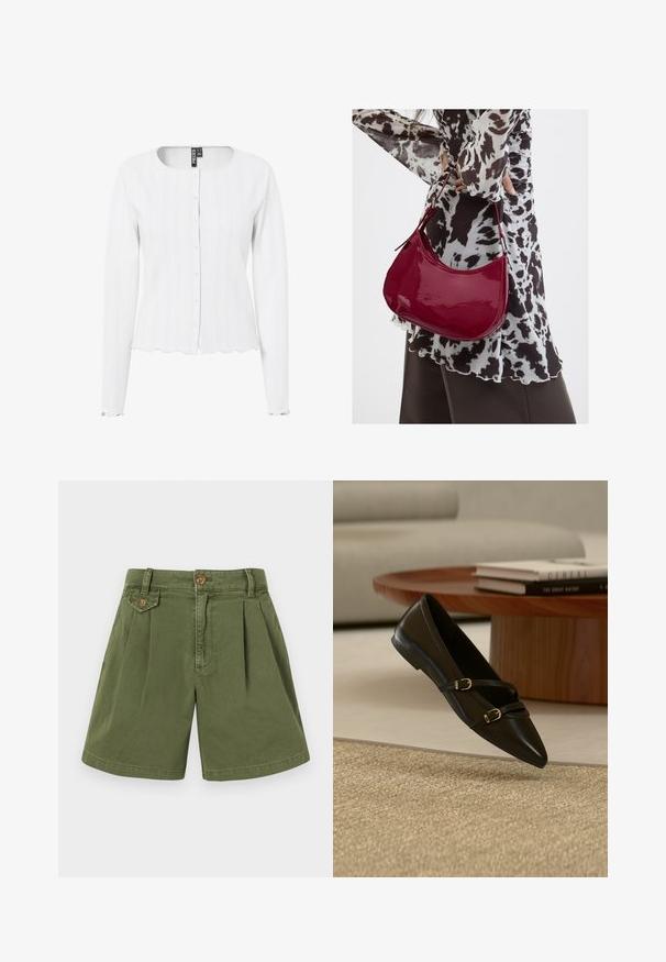 Cardigan blanc à côtes avec des manches longues, un col rond et une fermeture à boutons. L'ourlet et les poignets à bord festonné ajoutent de la texture au design.; Shorts en khaki en coton, présentant un design plissé, avec un bouton à la taille et des poches latérales. Texture lisse et coupe droite.; Chaussure plate noire à bout pointu avec deux fines brides à boucle flottant au-dessus d'un tapis beige, avec une table basse en bois et des livres en arrière-plan.; Femme portant un chemisier à motif noir et blanc tenant un sac à main rouge brillant sur un fond uni.