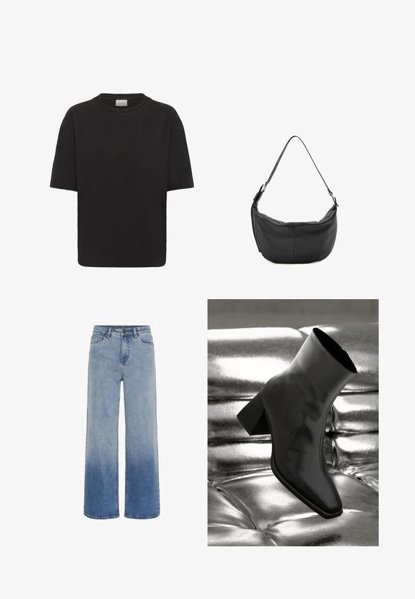 Zwart loszittend T-shirt met korte mouwen, een ronde hals en een zichtbaar wit label aan de binnenkant van de kraag met de tekst "GESTUZ".; Hoge taille blauwe denim jeans met wijde pijpen en een gradient vervaging van lichtblauw naar donkerblauw aan de onderkant.; Zwarte enkellaarsjes van glanzend materiaal met een vierkante neus en taps toelopende hak, afgezet tegen een glanzende zilveren gecapitonneerde achtergrond.; Zwarte leren schoudertas in maantjesvorm met verstelbare band en zilveren gespsdetails op een witte achtergrond.