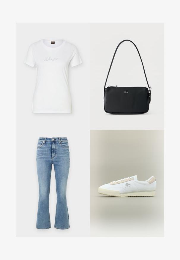 Hvid, kortærmet tætsiddende T-shirt med rund halsudskæring og rhinstenbesat "Boss"-logo skrevet i midten af brystet.; Lyseblå denimjeans med høj talje, knap- og lynlåslukning, forlommer og let udvidede ben.; Hvide lædersneakers med en beige ruskindsdetalje. Har en rund tå, flade snørebånd og en tekstureret sål. Lacoste-logo på siden.; Sort skuldertaske med tekstur, sølv lynlås og lille sølv krokodillelogo foran mod ensfarvet baggrund.