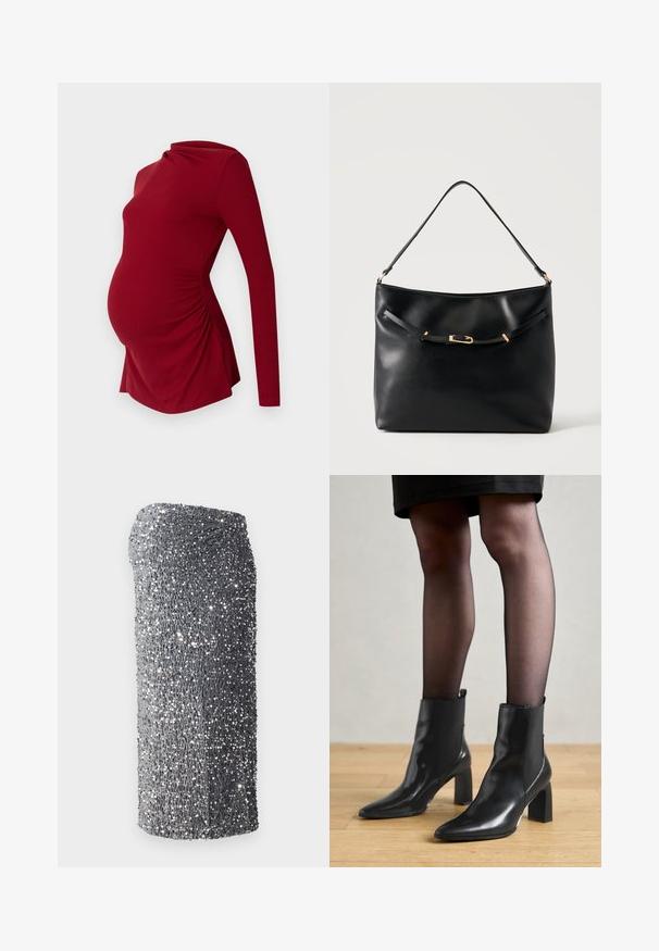 Haut de maternité à manches longues en texture côtelée, avec un décolleté drapé et un ruché sur les côtés pour s'adapter à un ventre en croissance.; Robe à sequins argentés avec une coupe ajustée, texture lisse et un motif dégradé du gris foncé au gris clair, courte à l'ourlet.; Bottines en cuir noir avec un bout pointu, un talon carré épais et un design élégant. Présente des panneaux latéraux élastiques pour un enfilage facile.; Sac à épaule en cuir noir avec une bandoulière unique et un petit détail de boucle dorée à l'avant, sur un fond clair uni.