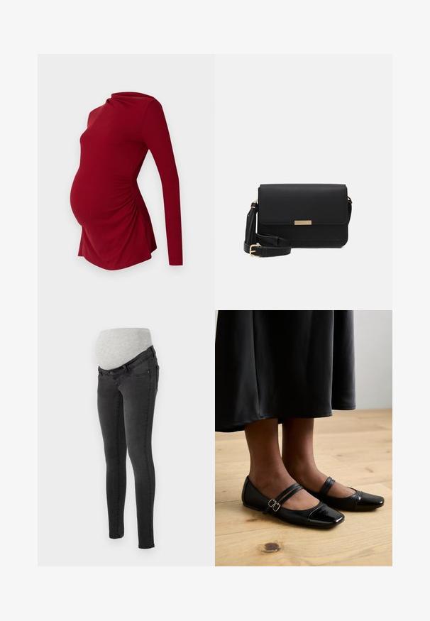 Langærmet rød graviditetstop i ribbet tekstur, med en draperet halsudskæring og sidelæggede detaljer for at rumme en voksende mave.; Mødrejeans i mørkegrå denim med en blød, grå elastisk livlinje for komfort. Slim fit design med standardlommer.; Sorte laklæder flade sko med firkantet tå, der har to stropper med spænder. Sålerne er flade på et lyst trægulv.; Sorte læder crossbody taske med flaplukning, guldfarvede Hardware, justerbar rem og tekstureret overflade. Kompakt rektangulær form.
