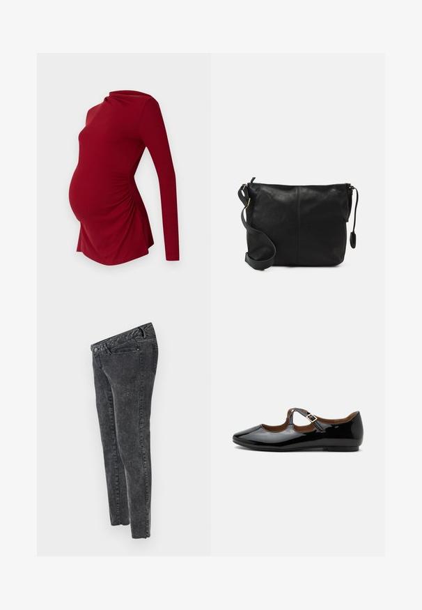 Langærmet rød graviditetstop i ribbet tekstur, med en draperet halsudskæring og sidelæggede detaljer for at rumme en voksende mave.; MAMALICIOUS Slim fit Mid waist Raw hems - Jeans Slim Fit - grey denim; Sort laklæder Mary Jane-flad sko med to udskæringer og en guldbuckelrem på hvid baggrund.; Sort læder crossbody taske med flad form, guld hardware detaljer og justerbar skulderrem. Glat tekstur med minimale syninger.