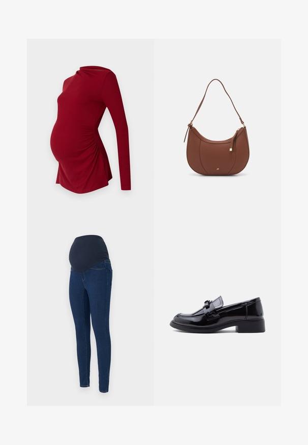 Top de maternidad rojo de manga larga con textura acanalada, que presenta un escote drapeado y fruncido lateral para acomodar una barriga en crecimiento.; Jeans de maternidad en denim azul oscuro, con una cinturilla elástica oscura y un diseño ajustado con bolsillos.; Mocasín de charol negro con tacón cuadrado y detalle de correa decorativa, mostrado de perfil sobre un fondo blanco.; Bolso de hombro de imitación cuero marrón con forma curva, costura mínima y un acento de hardware en tono dorado. Presenta un cierre de cremallera en la parte superior y una correa ajustable.
